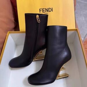 Fendi Black Ankle Boots with Gold Sculpted Heel